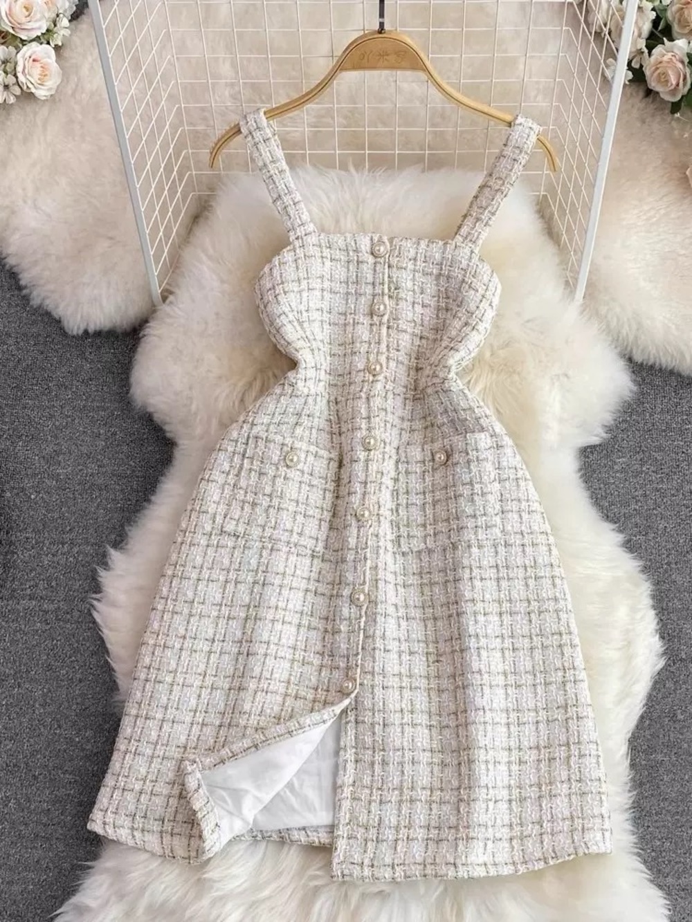 Elegant Cream Tweed Button-Front Mini Dress - Picture 2 of 3